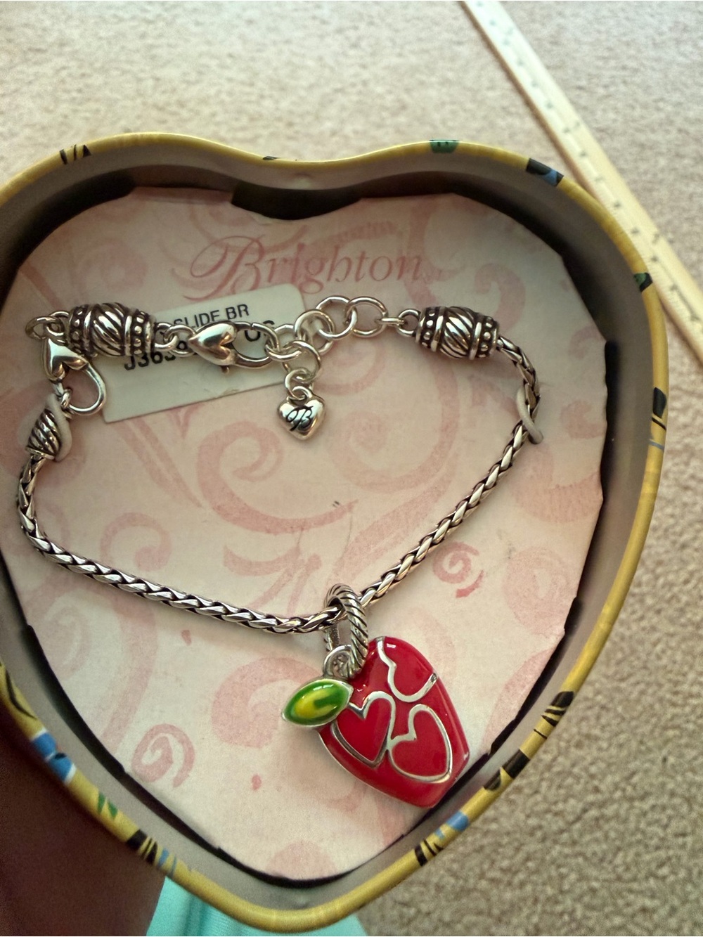 Brighton ABC’s Slide Bracelet J36390 Red Apple Heart Charm Teacher w/ Tin NWT